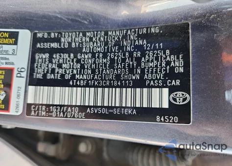 2012 Toyota Camry Base из США, поврежденный, VIN 4T4BF1FK3CR184113